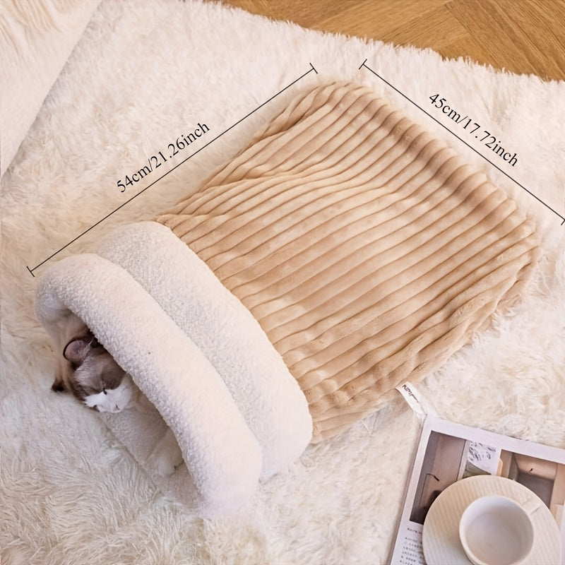 360° Wrap Plush Cat Sleeping Bag Beige Light Brown Winter Cozy Snuggle Bed
