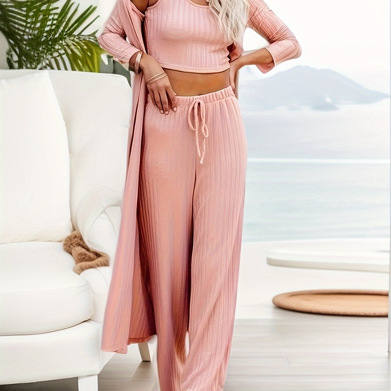 Women's Long Sleeve Solid Color Knit Pajama Set with Faux Drawstring for All Seasons