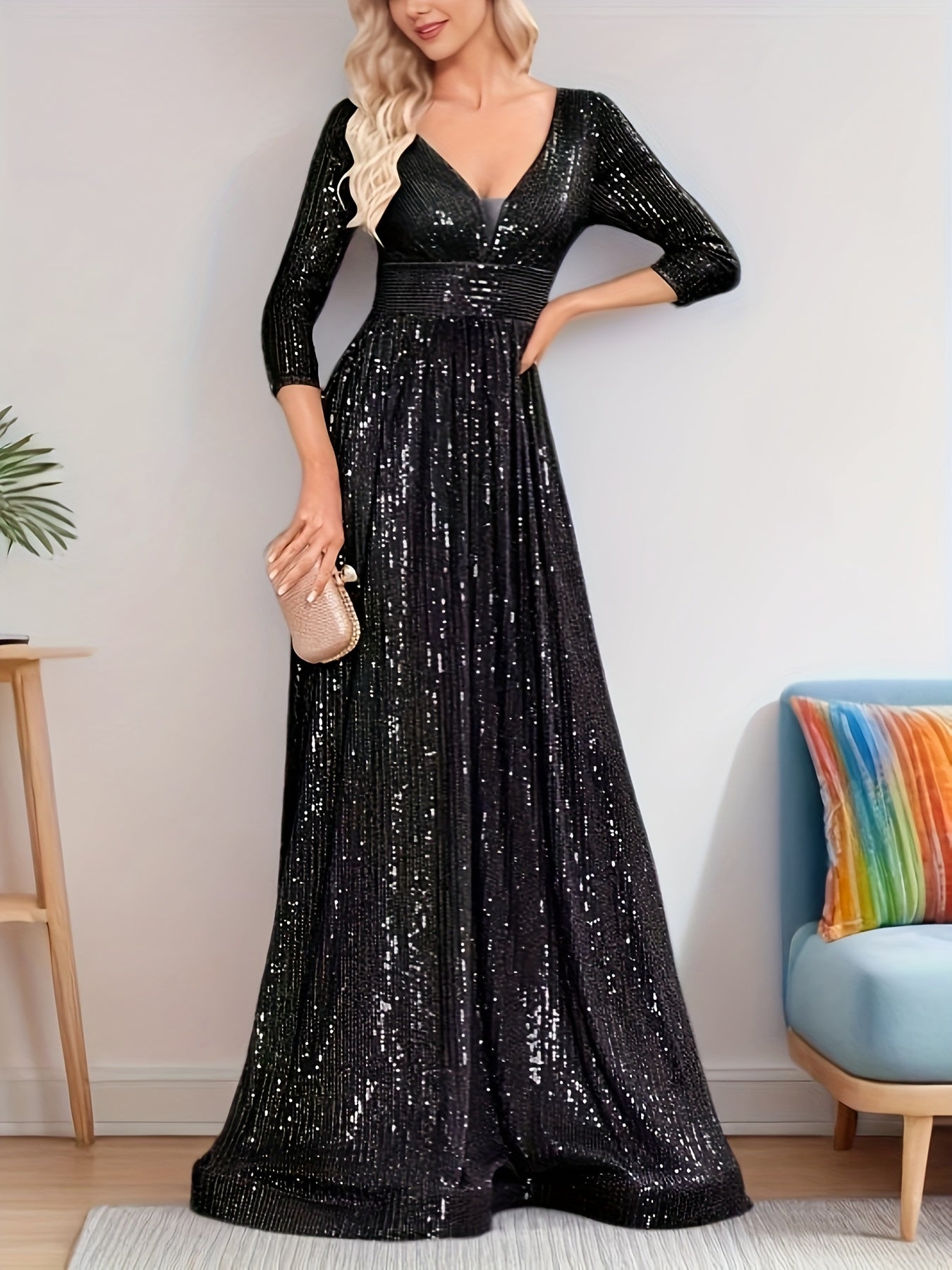 Plus Size Sequin V-Neck Evening Gown Dress with Mermaid Bodice and Flowing Train
