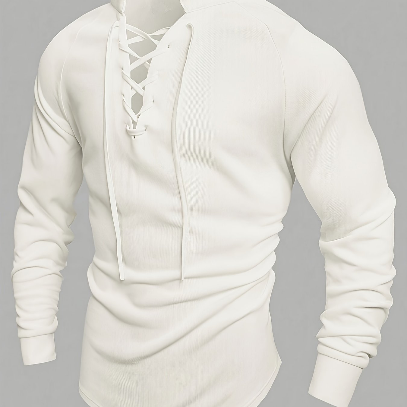 Camiseta de manga larga casual para hombre con cuello alto y cordón, mezcla de poliéster, color sólido, corte regular, primavera y otoño