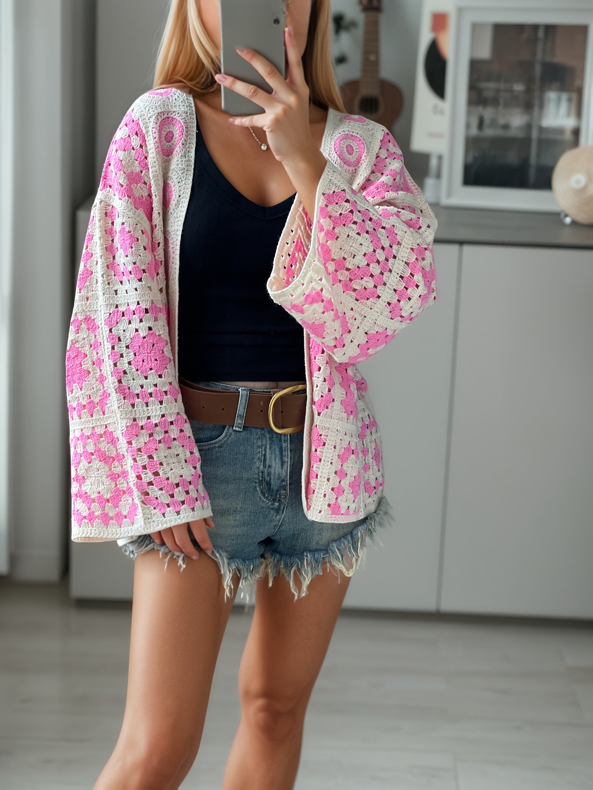 Plus Size Women Breathable Geometric Pattern Cardigan Long Sleeve Lightweight