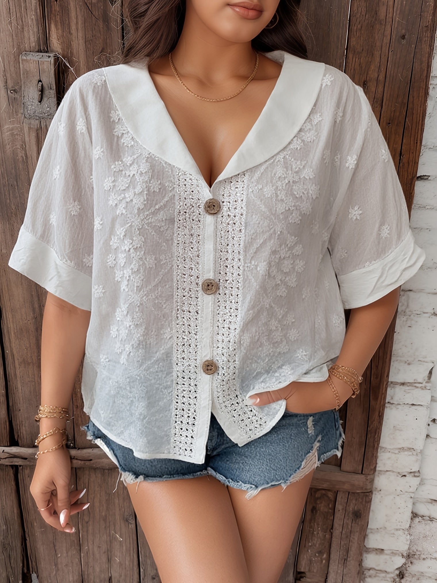 Women's Floral Embroidered Semi-Sheer Summer Blouse White Green Lightweight Top