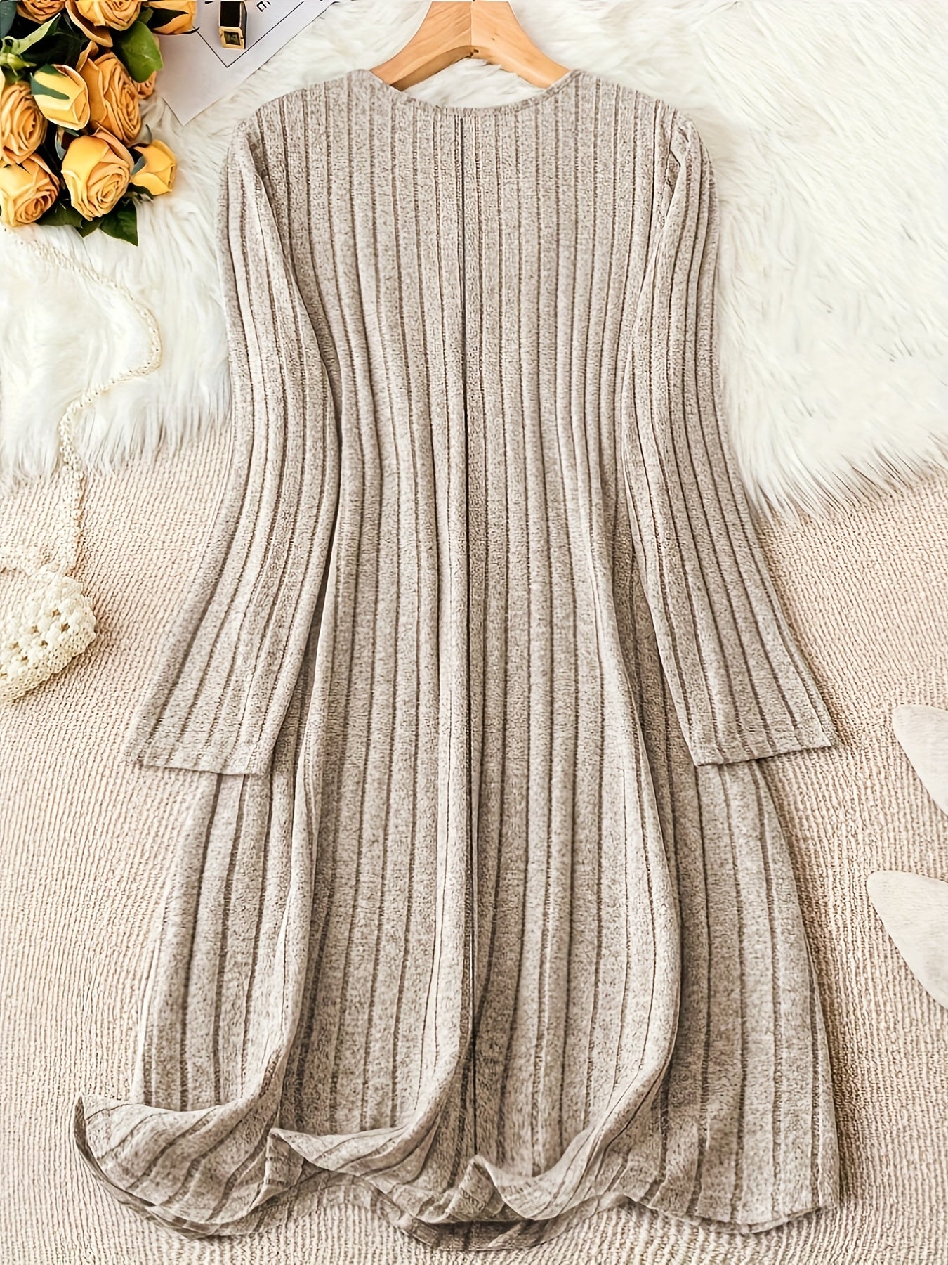 Plus Size Ribbed V-Neck Dress for Fall Winter Long Sleeve Button Front Casual Women