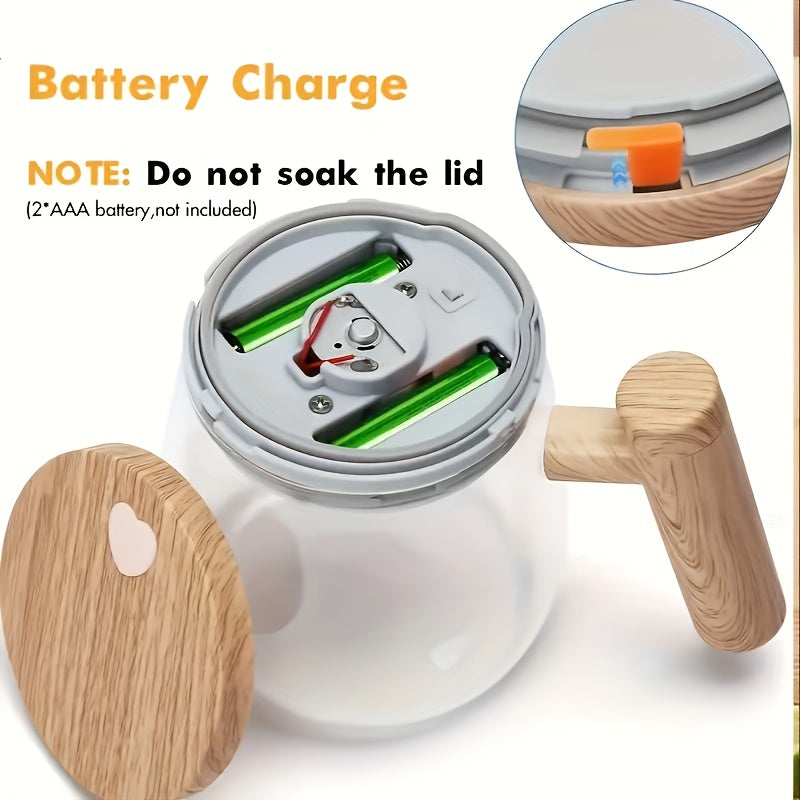 Self-Stirring Glass Mug 13.53oz Borosilicate Battery-Operated with Wooden Handle