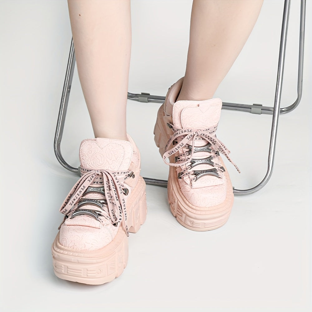 Женские розовые цветочные ботинки на платформе с embossed-эффектом, готические ботинки на шнуровке