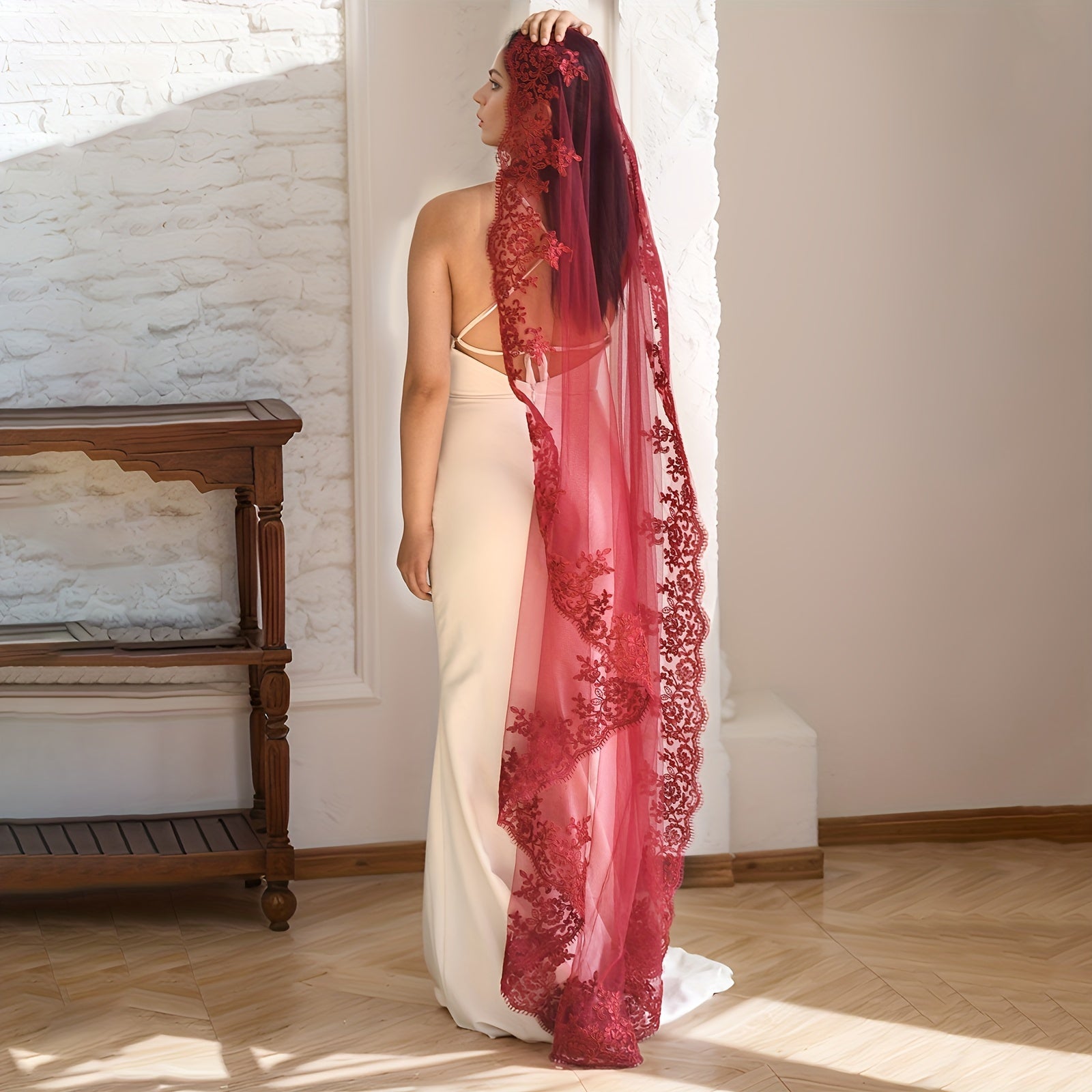 Hand Wash Only Bridal Veil with Red Embroidery Romantic Nylon Wedding Accessory