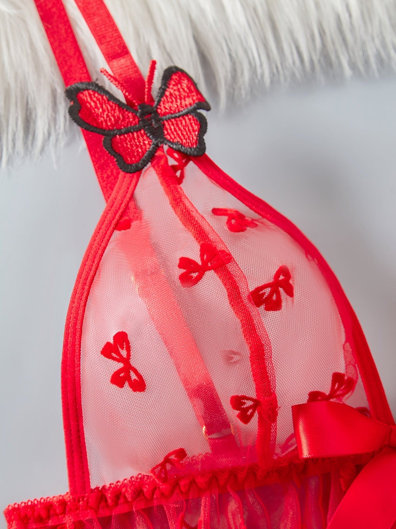 Red Mesh Lingerie Set for Women with Butterfly Pattern Babydoll and Bow Detail