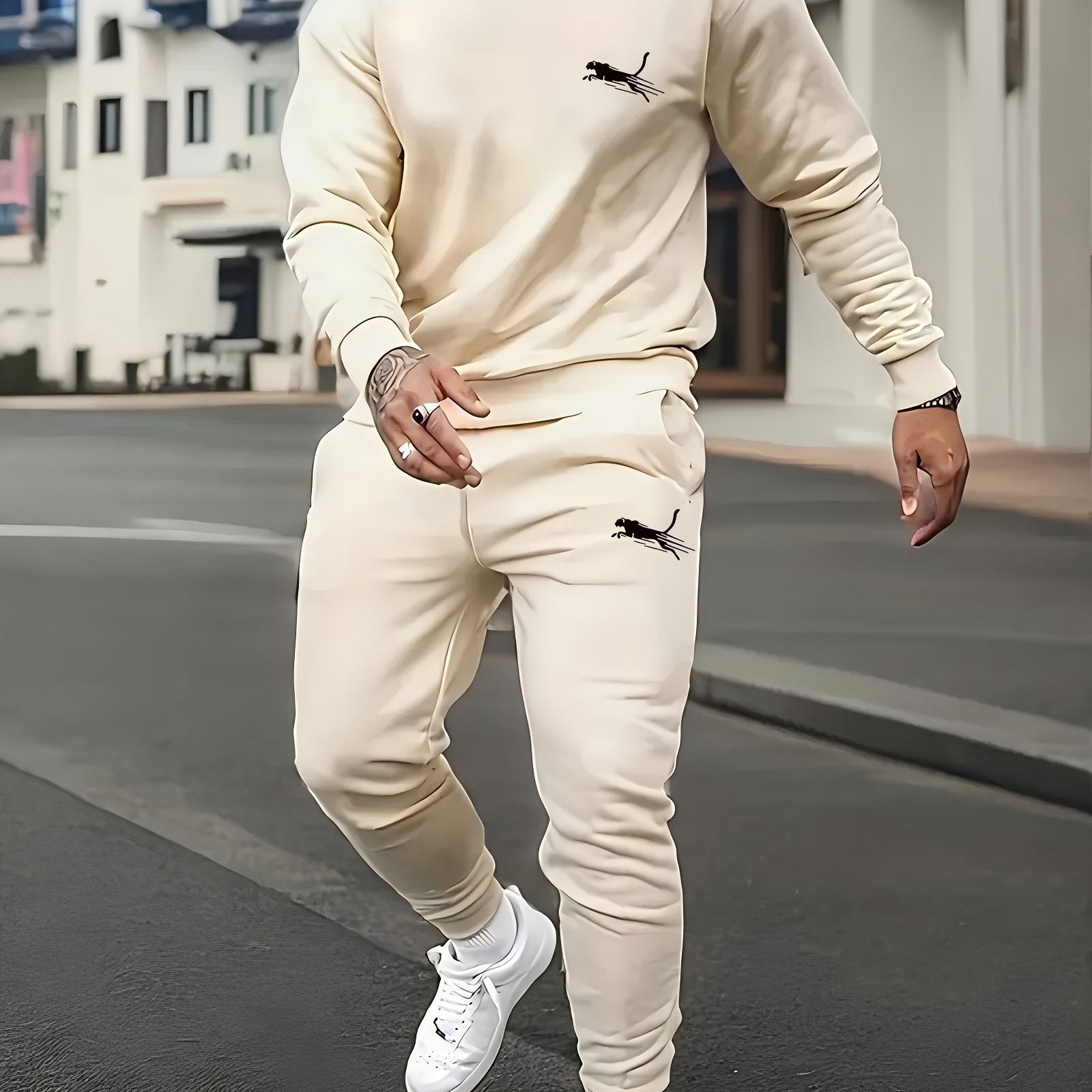 Conjunto de pijama casual para hombre con camiseta de cuello redondo de manga larga y pantalones de poliéster de punto para el otoño