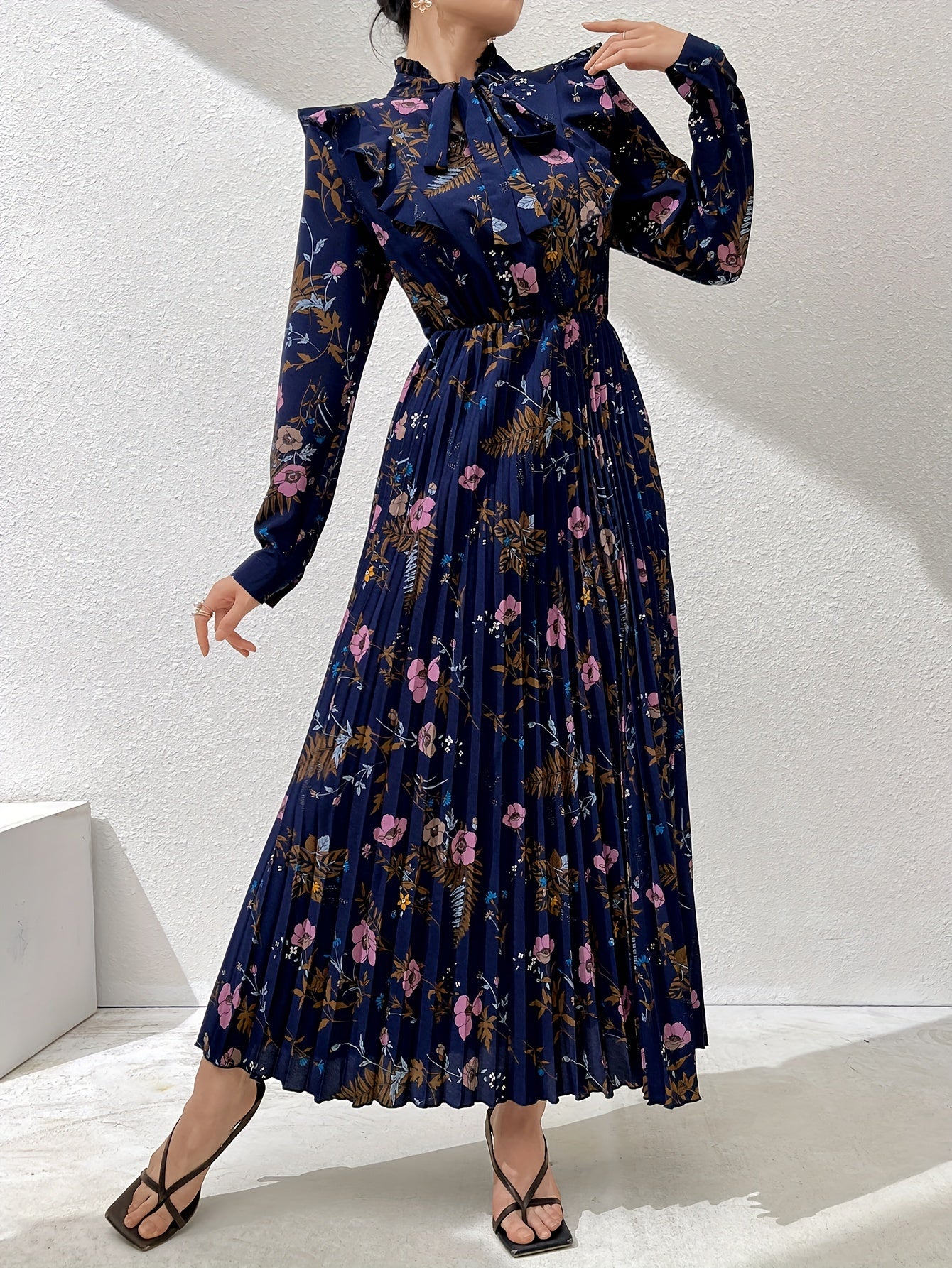 Floral Print Kaftan Dress with Tie Neck Ruffle Trim Long Sleeve Pleated Maxi for Women