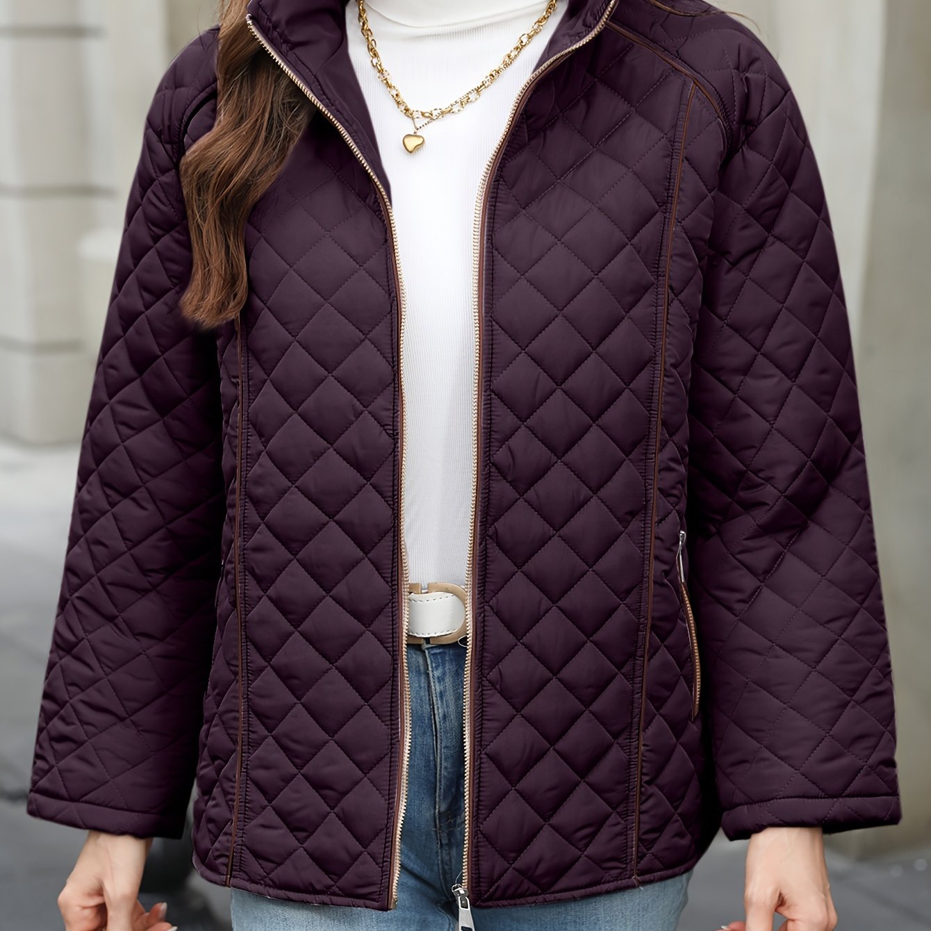 Women's Plus Size Quilted Outerwear with Stand Collar Zipper Long Sleeve Fall Winter