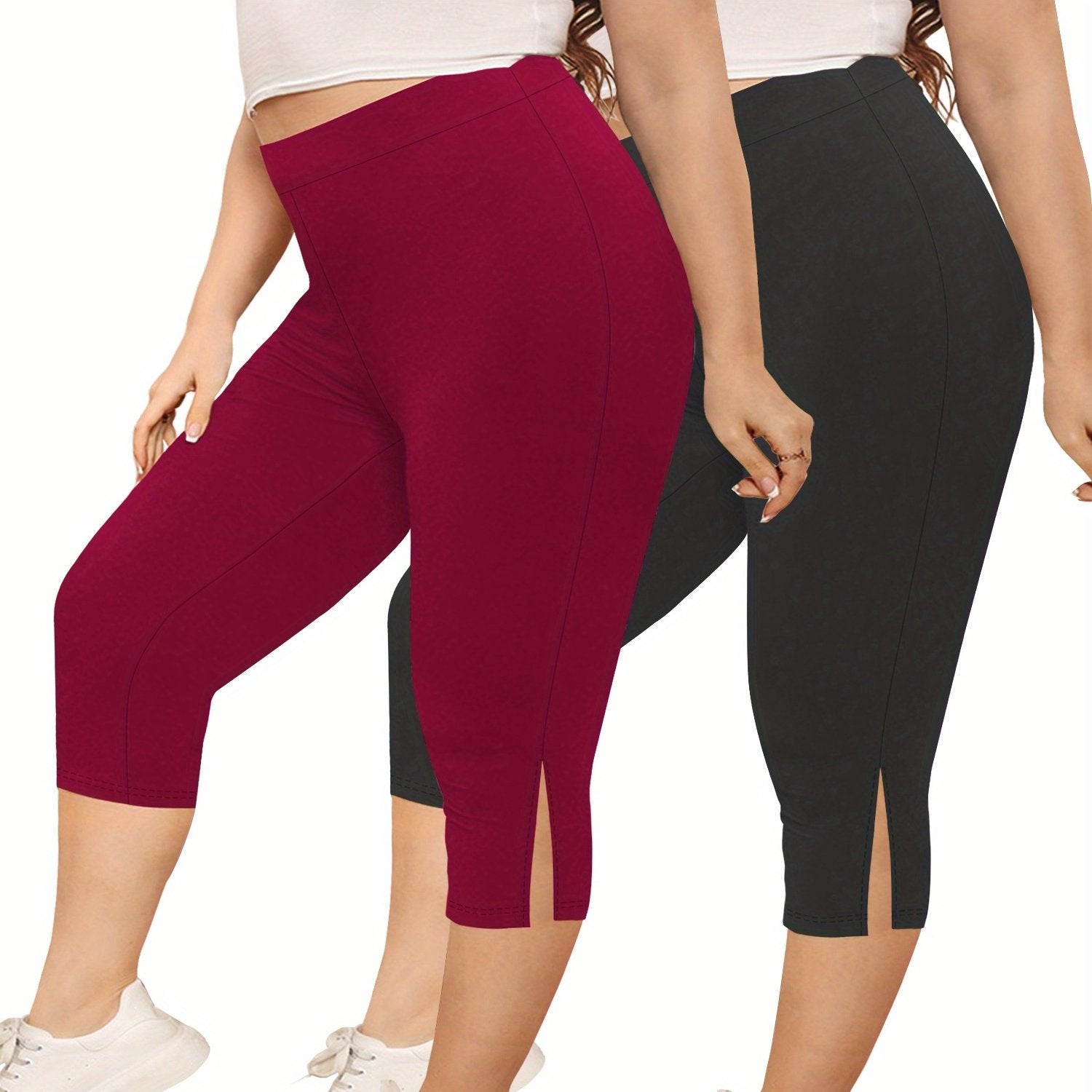 Women's Plus Size Flat-Waist Yoga Pants 7-Inch Leggings for Workout Running