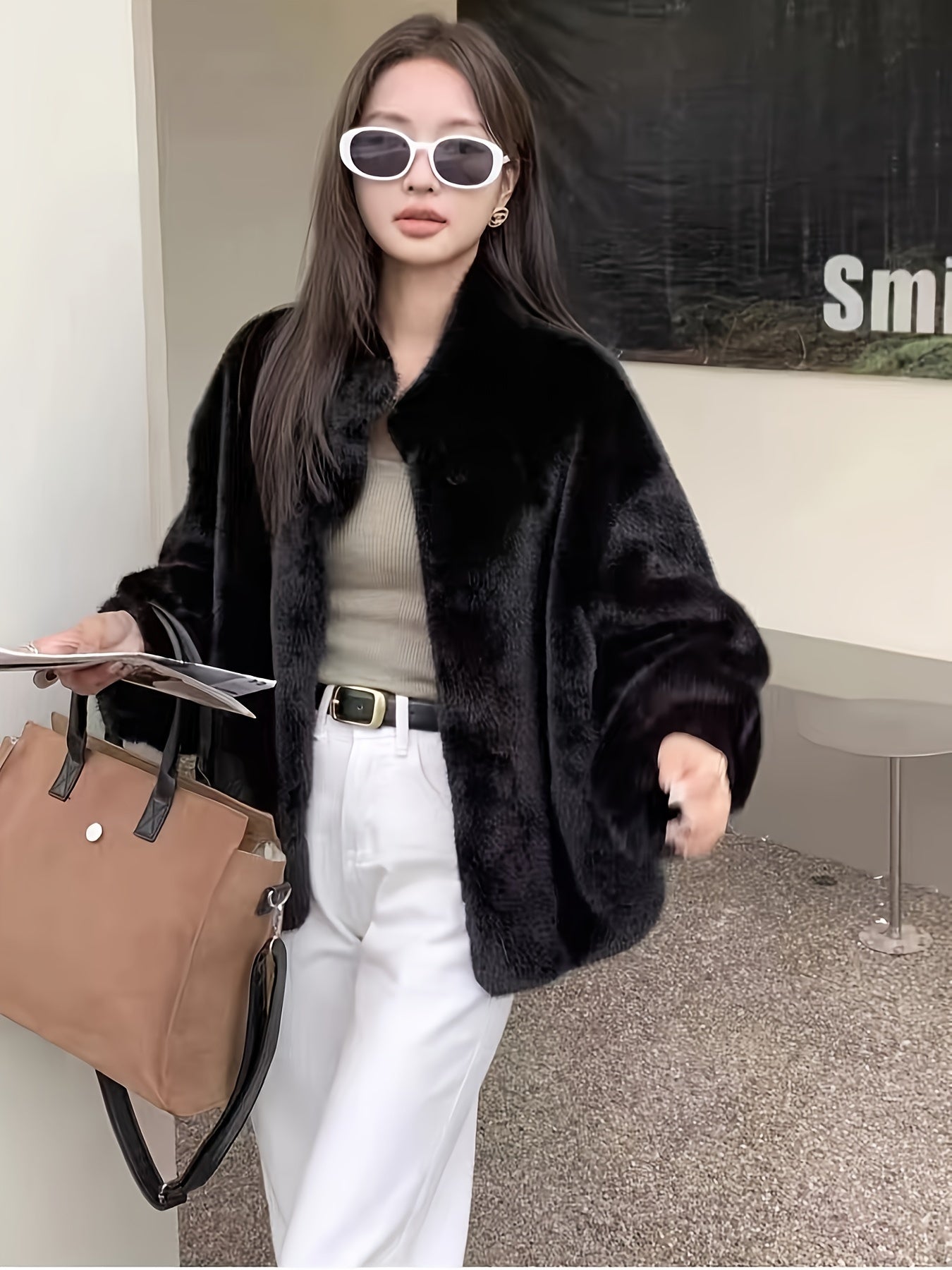 Women's Faux Fur Coat Long Sleeve Open Front Casual Winter Solid Color