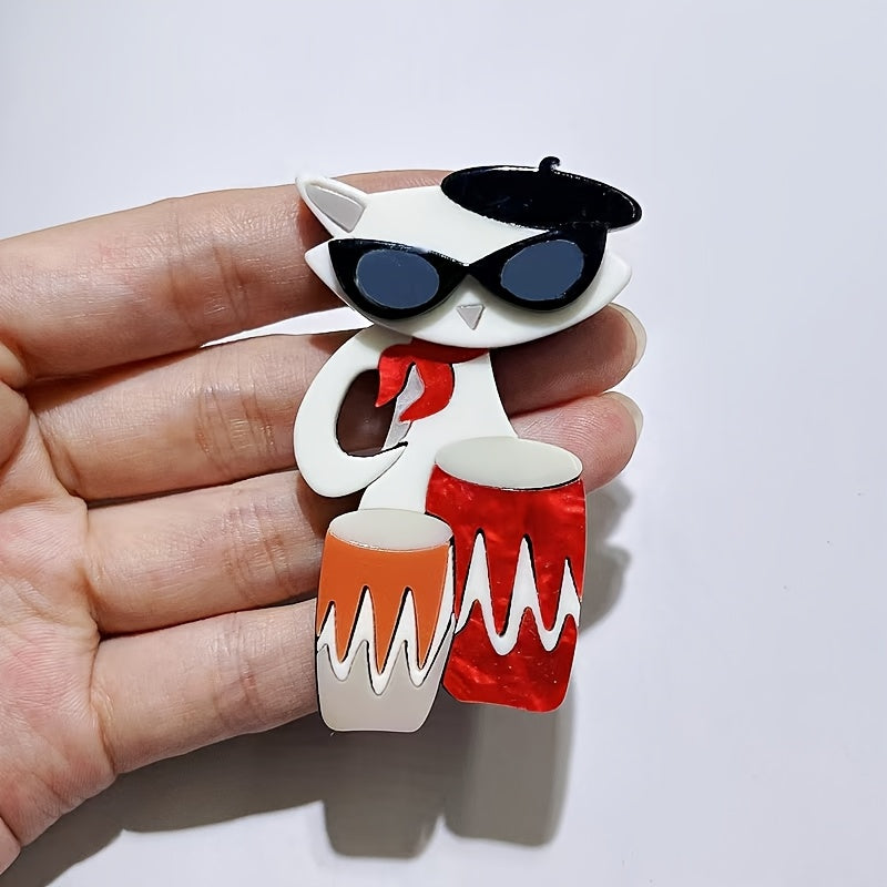 Unisex Cartoon Cat Drummer Brooch Pin Acrylic Irregular Shape Animal Music Badge Fashion Lapel Accessory