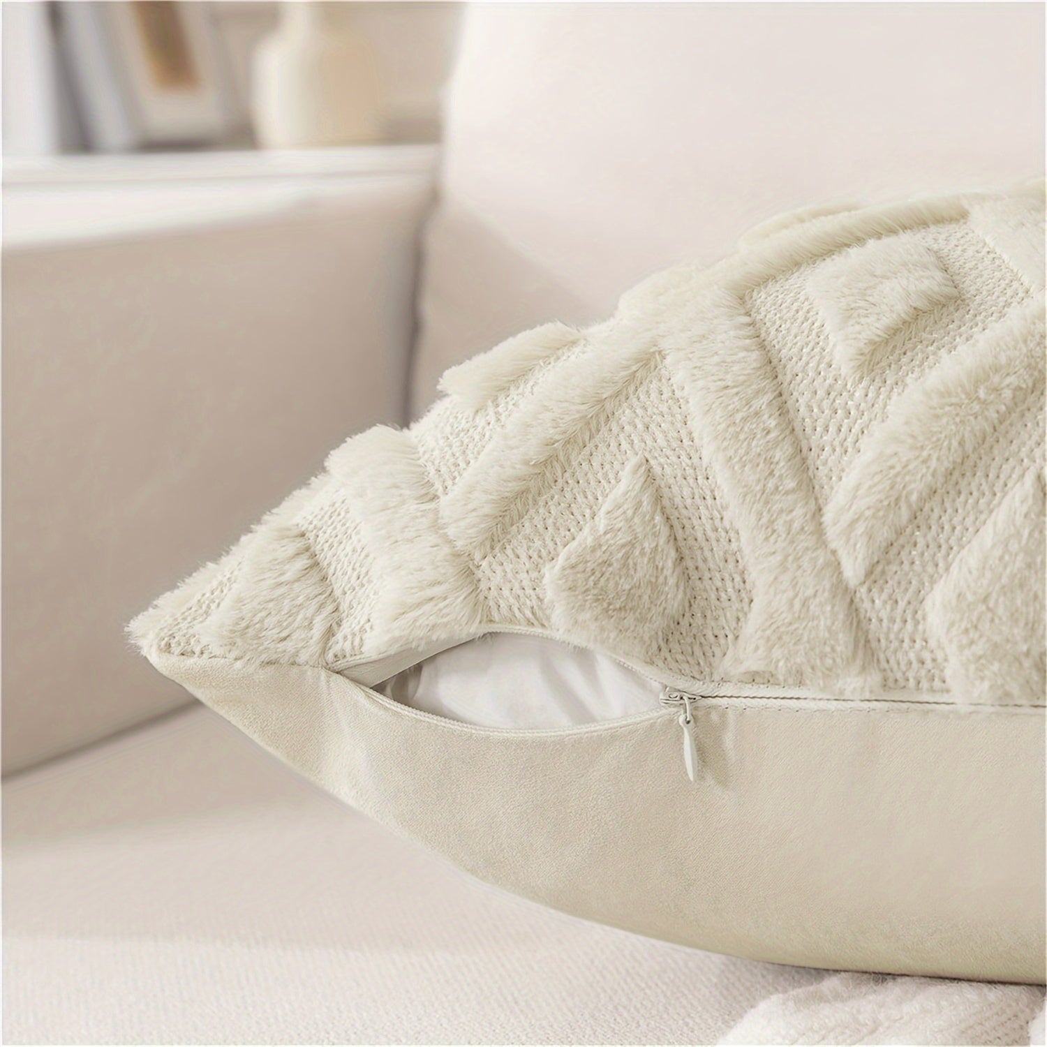 Beige Faux Wool Throw Pillow Covers 18x18 Inches for Couch Sofa Decor