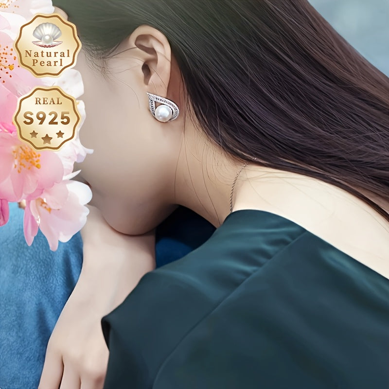 Vintage Freshwater Pearl Stud Earrings with Peacock Feather Design Sterling Silver 12mm June Birthstone