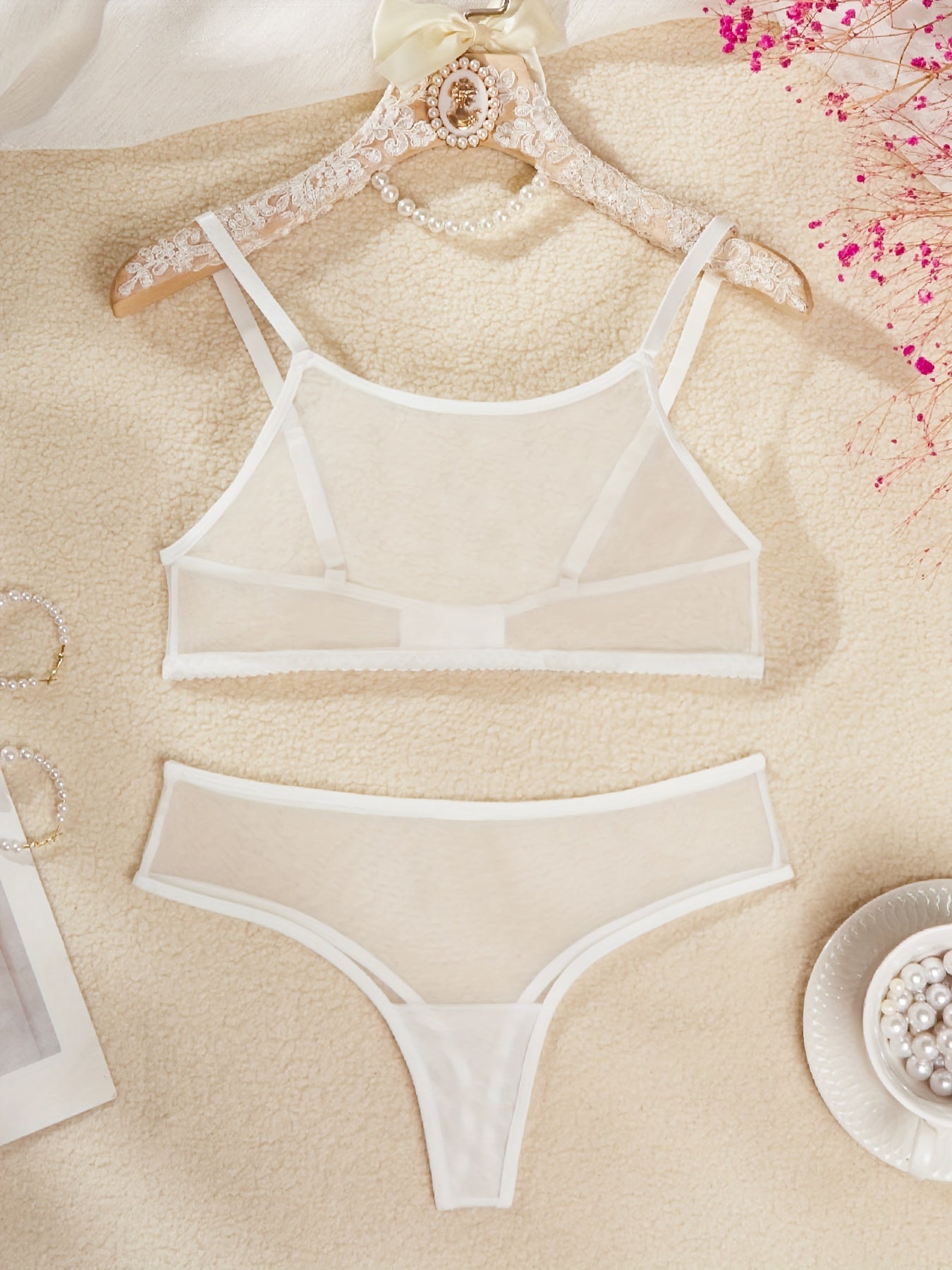 Women's Mesh Semi Sheer Lingerie Set Cami Bra Thong Sexy Underwear