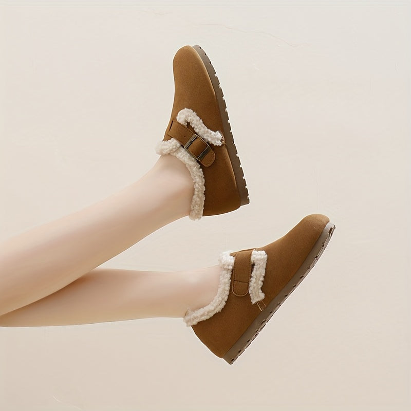 Women's Flannel-Lined Ankle Booties Casual Flat Heel Buckle Closure