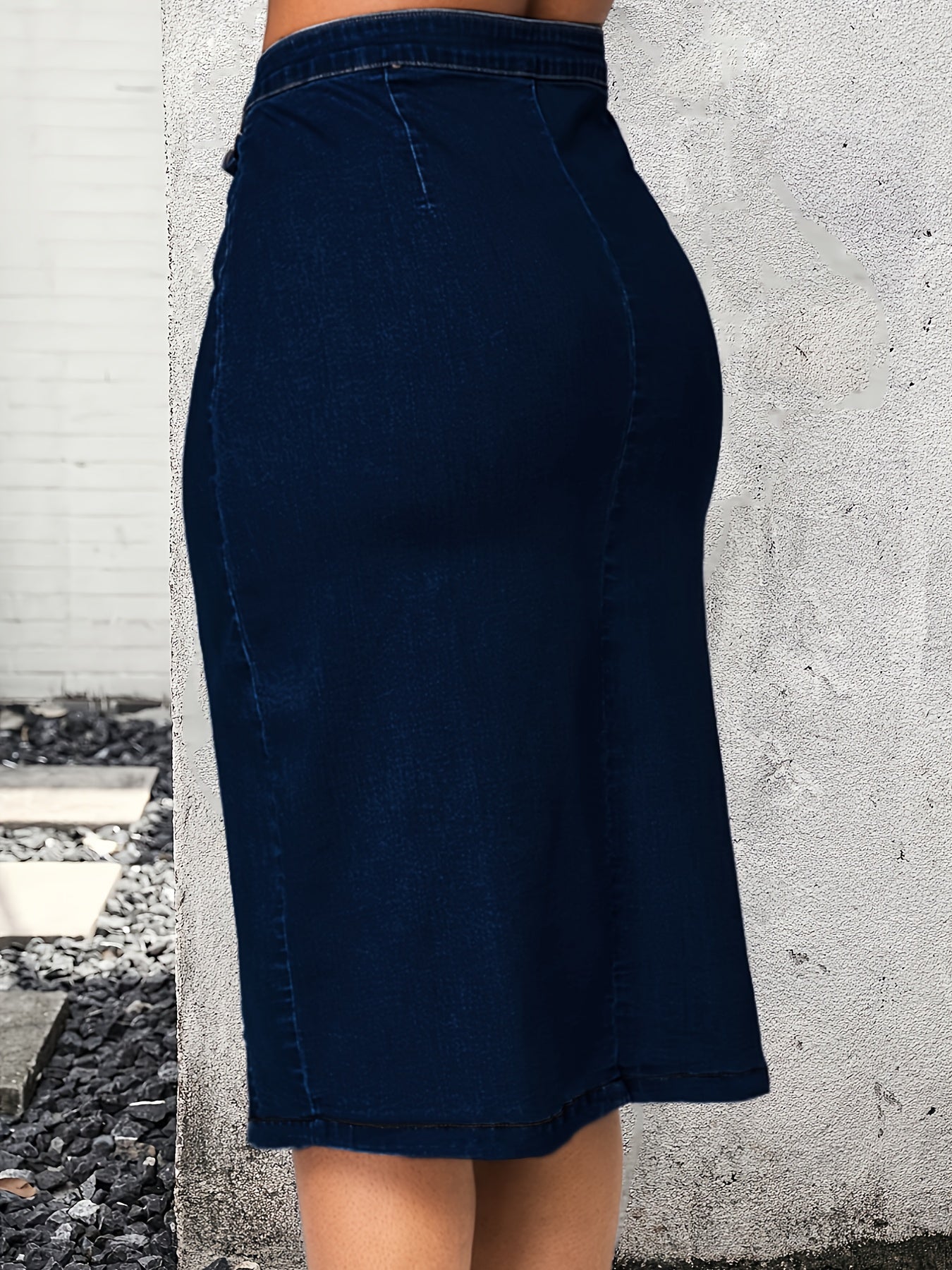 Women's Plus Size Asymmetric Denim Midi Skirt Dark Wash Blue Slim Fit Split Hem