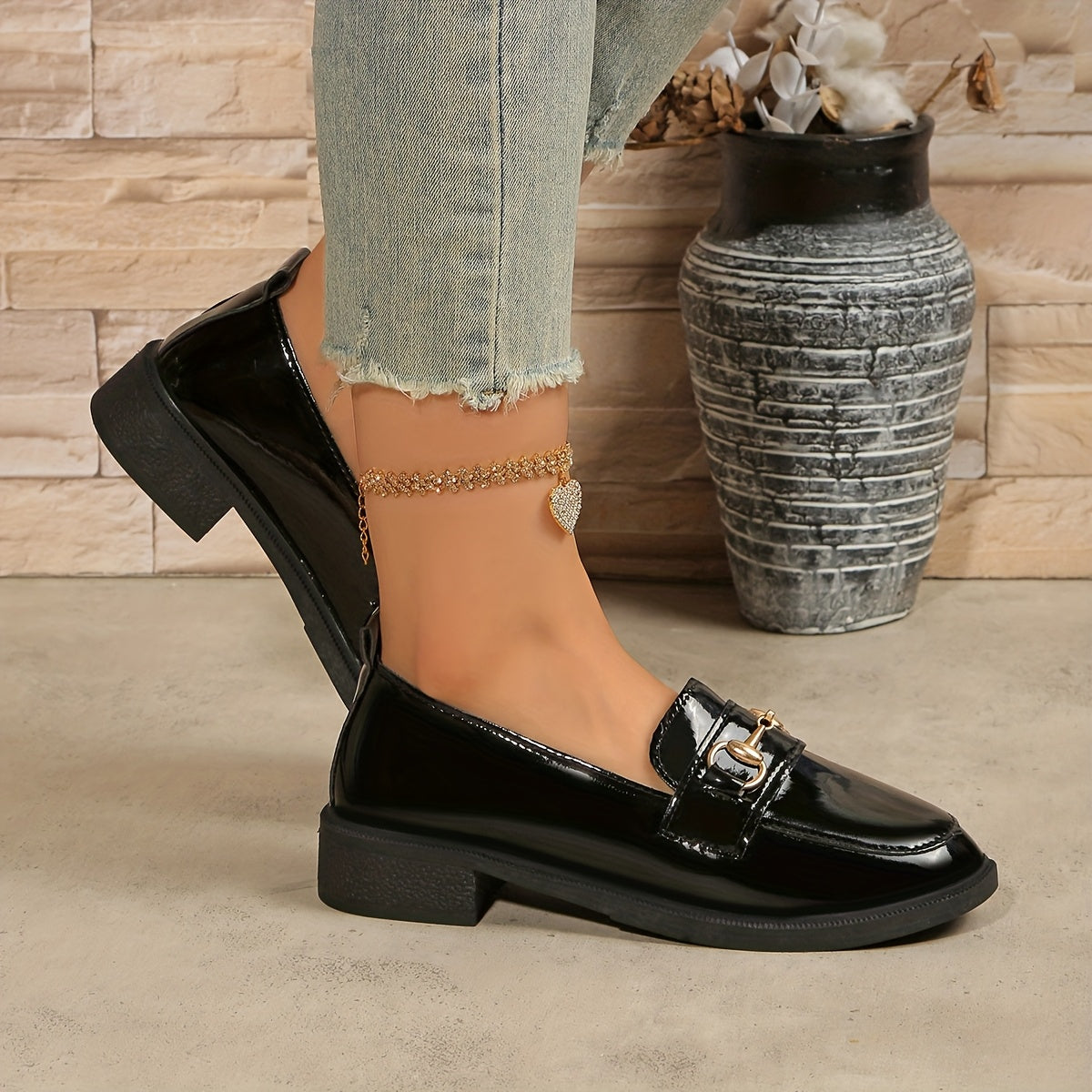 Women’s Slip-On Loafers Black PU Metallic Buckle Casual Office Shoes