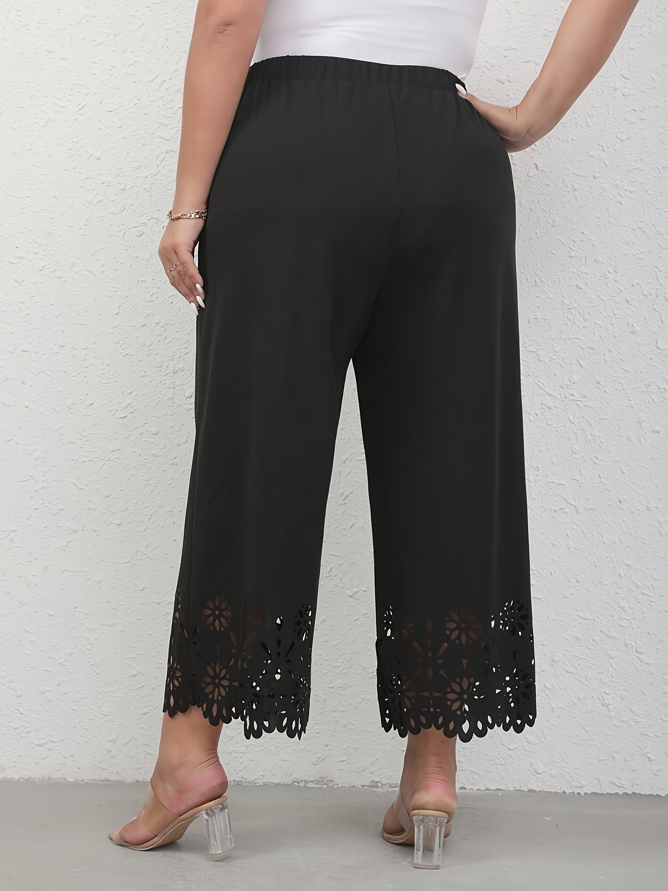 Plus Size Lace Trim Wide Leg Pants Casual Elastic Waist Spring Summer Womens