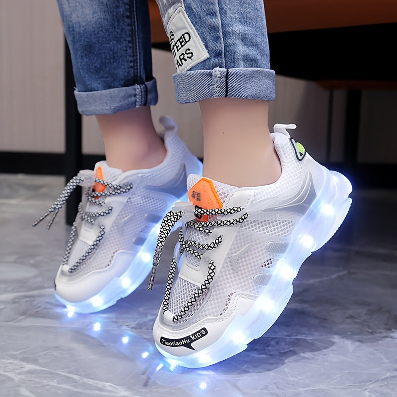 Kids LED Light-Up Sneakers Breathable Mesh Non-Slip Soft Sole for Boys Girls Toddler Children in White Blue Orange