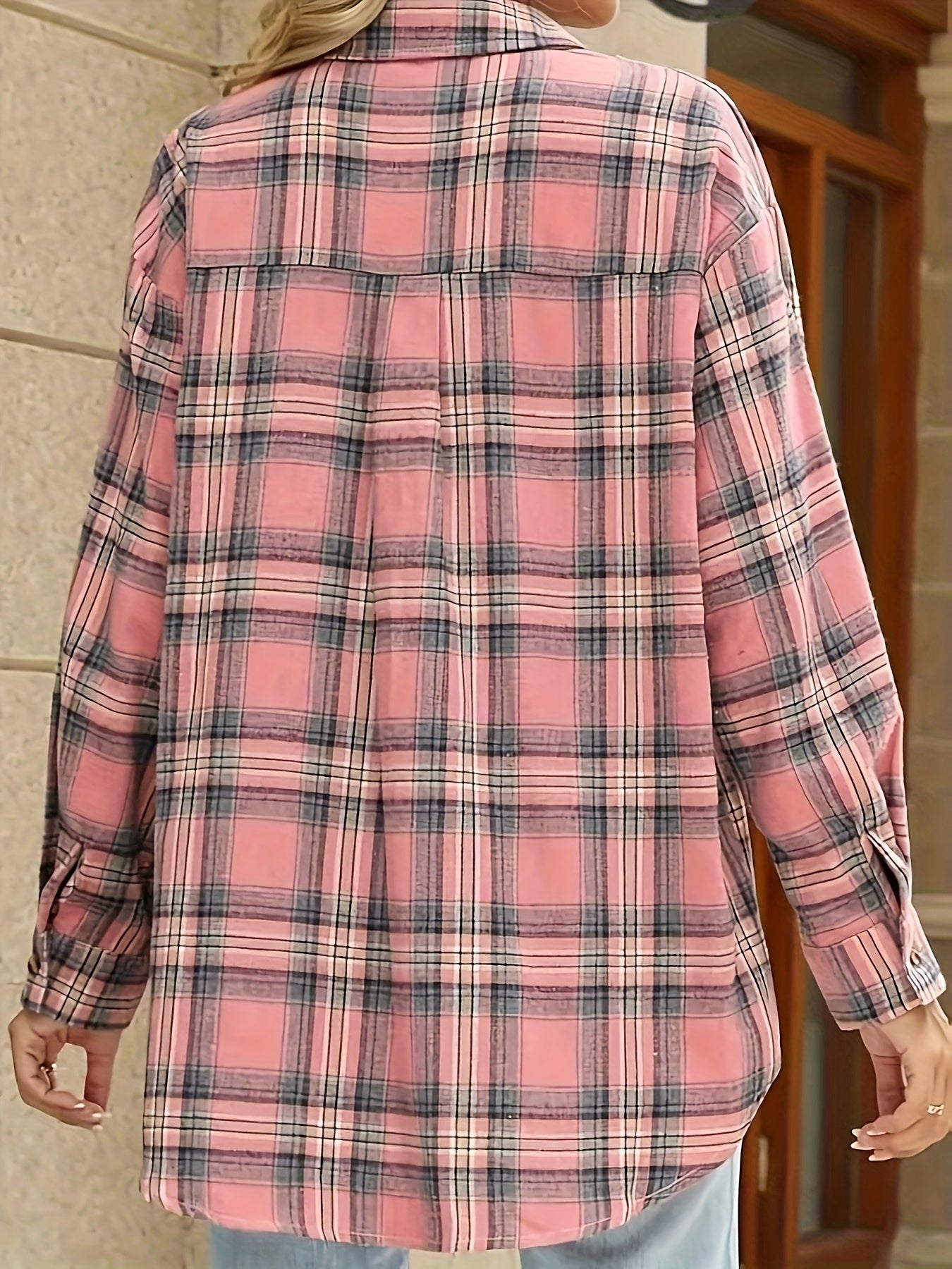 Plus Size Women's Plaid Long Sleeve Shirt Casual Button-Up Ripped Jeans