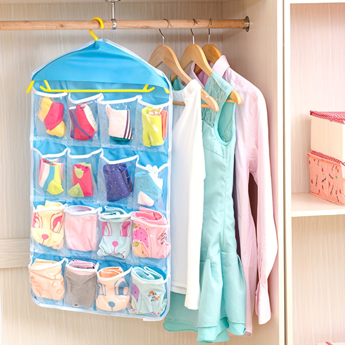 Vibrant 16-Pocket Hanging Organizer for Socks Underwear and Small Items Polyester Mesh
