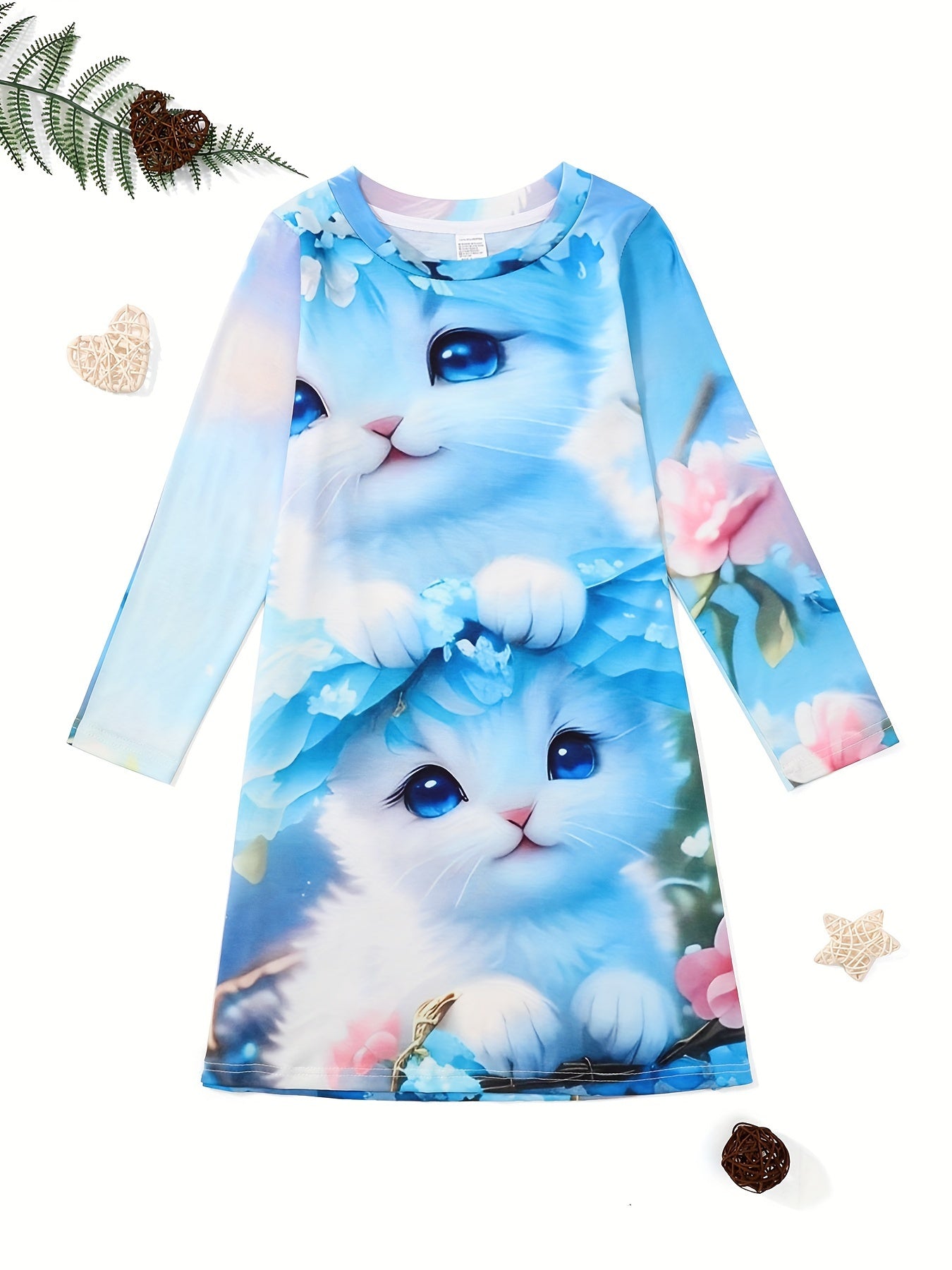 Qizlar uchun mushuk va gullar dizayni bilan qiziqarli uzun qo'lqopli ko'ylak. Yengil polyesterdan tayyorlangan, bahor va kuz tadbirlari uchun ideal. Yengil yashil, dengiz ko'k va osmon ko'k ranglarda mavjud.