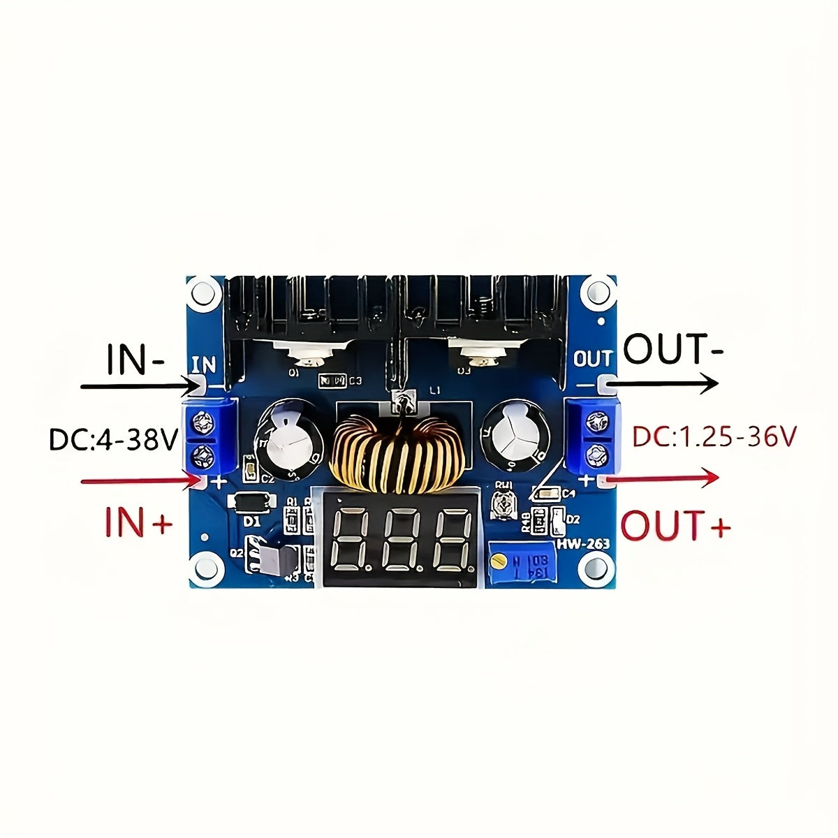 Raqamli displey bilan sozlanadigan DC-DC bosqichli pastga aylantiruvchi modul 36V 8A
