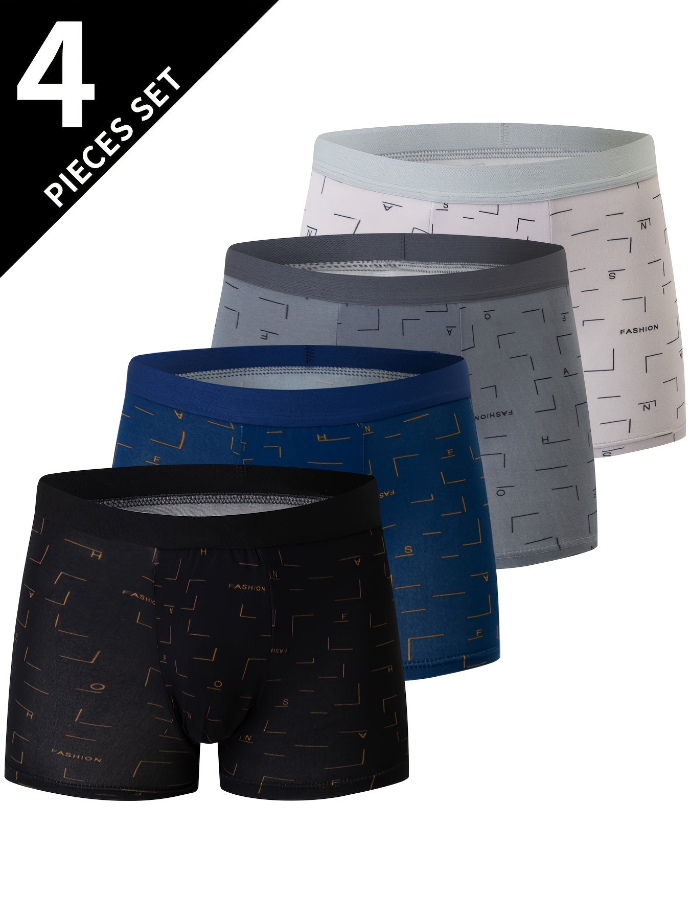 Men's Polyester Underwear with Geometric Pattern Slight Stretch Knit Fabric 115g/m² Set of 4