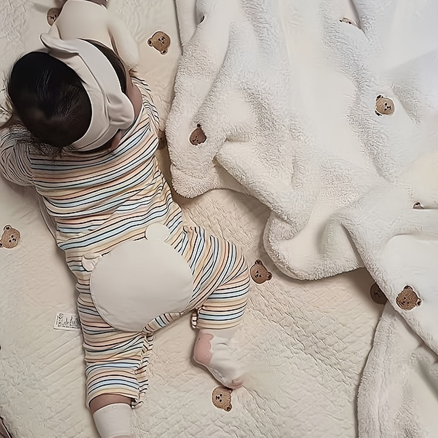 White Soft Polyester Baby Blanket with Embroidered Bear Design