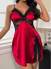 Women's Lacy Contrast Patchwork Flared Dress Deep V Bow Strap Skirt