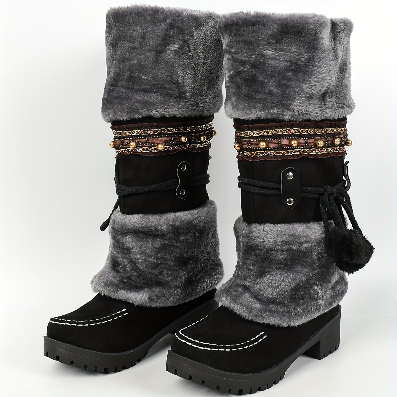 Women's Faux Fur Lined Mid-Calf Cowboy Boots with Heels for Autumn Winter