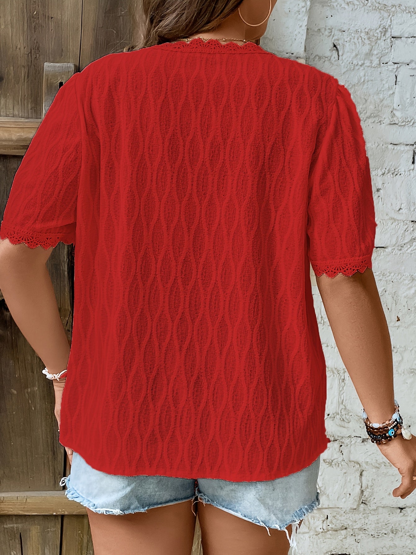 Women Plus Size Lace Top V-Neck Ruffled Sleeve Green Casual Blouse