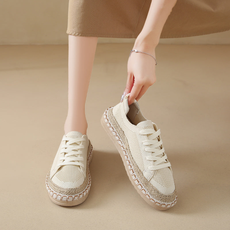 Women's Canvas Sneakers Beige Round Toe Lace-Up All-Season Comfort