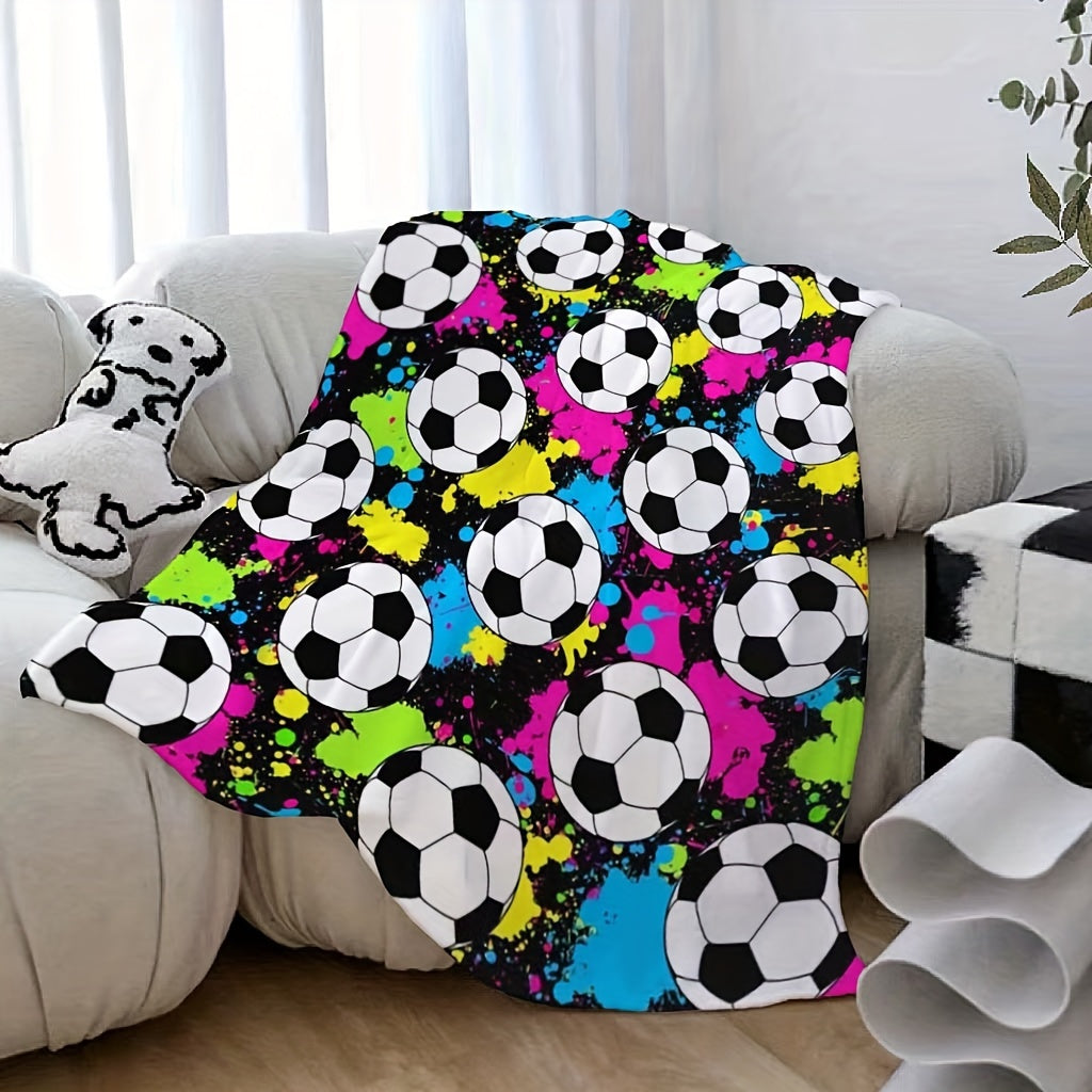 Reversible Flannel Fleece Blanket with Soccer Ball Print for Bed Sofa Use
