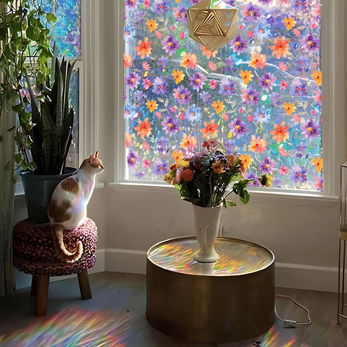 Dual-Sided Vibrant Floral Sunlight Window Cling Reusable PVC Decor