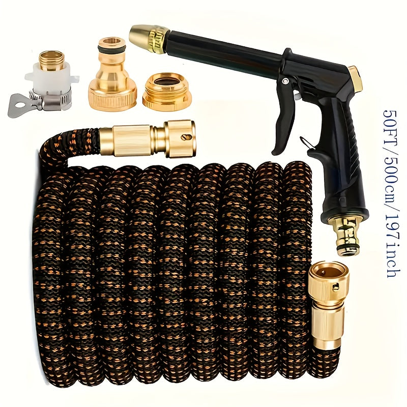 Yuqori bosimli purkagich bilan mustahkam kengaytiriladigan bog‘ hose, o‘rmon parvarishi va avtomobil yuvish uchun ideal, sozlanadigan nozzle va qo‘shimcha ulanishlar bilan birga.