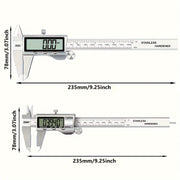 Цифровой штангенциркуль из нержавеющей стали с большим дисплеем, автоматическим отключением и преобразованием дюймов/мм. Работает от батареи с несъемной кнопочной батареей.