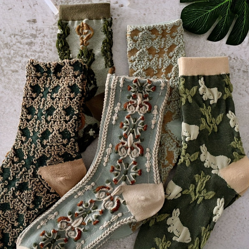 Women’s Floral Print Knee-High Socks 5 Pairs Mid-Tube Knit Polyester Elegant