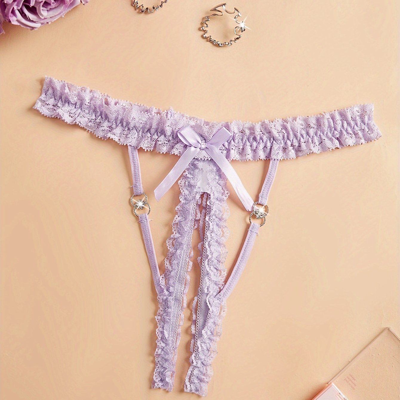 Lingerie Lace Thong Garter Jockstrap Solid Color Knit Fabric Crotchless