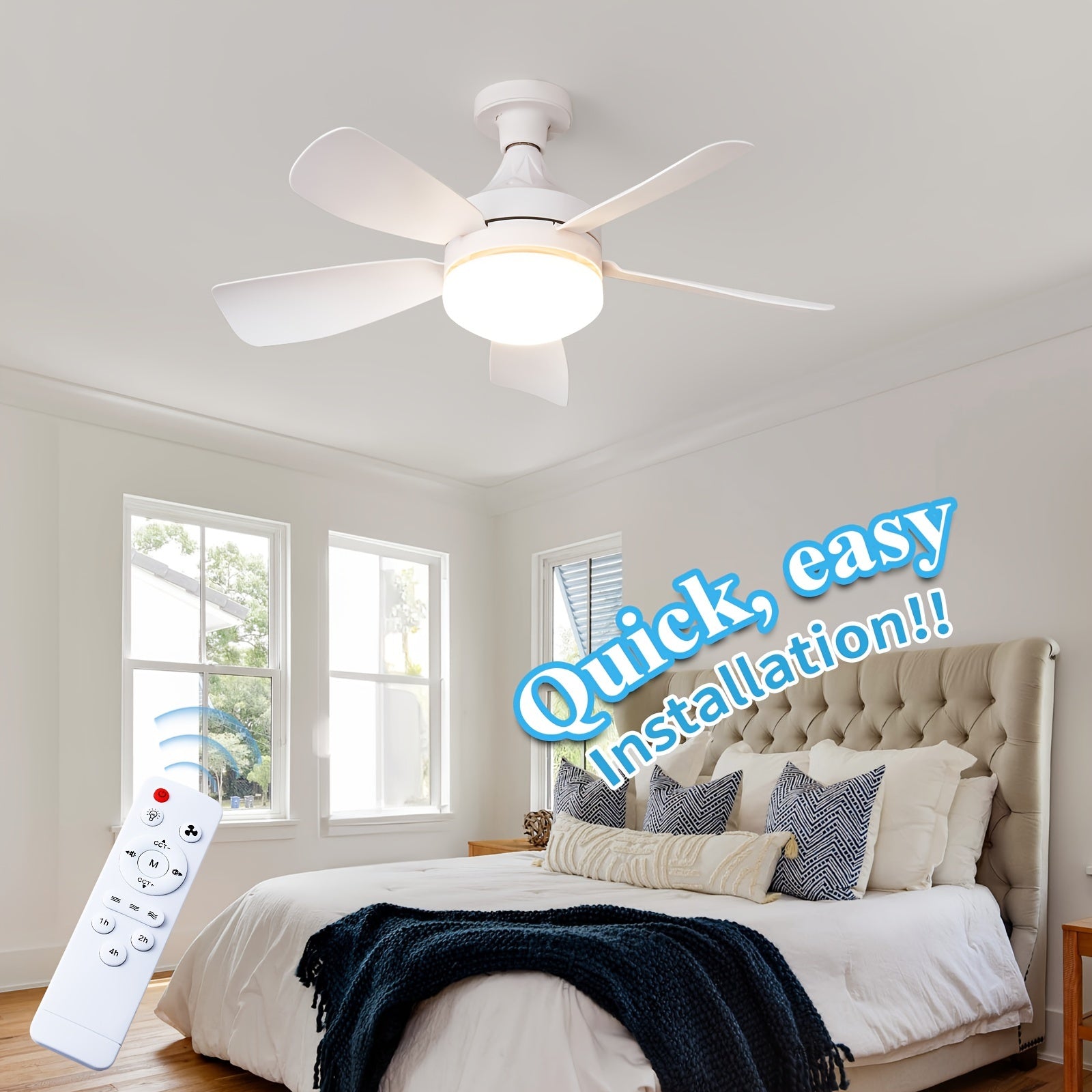 49.78cm Ceiling Fan with Light Remote Control Timer 3 Speeds 3 Color LED for Bedroom Kitchen Living Room