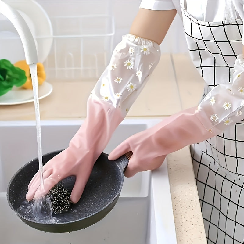 Daisy Pattern Waterproof PVC Cleaning Gloves Non-Slip Household Use