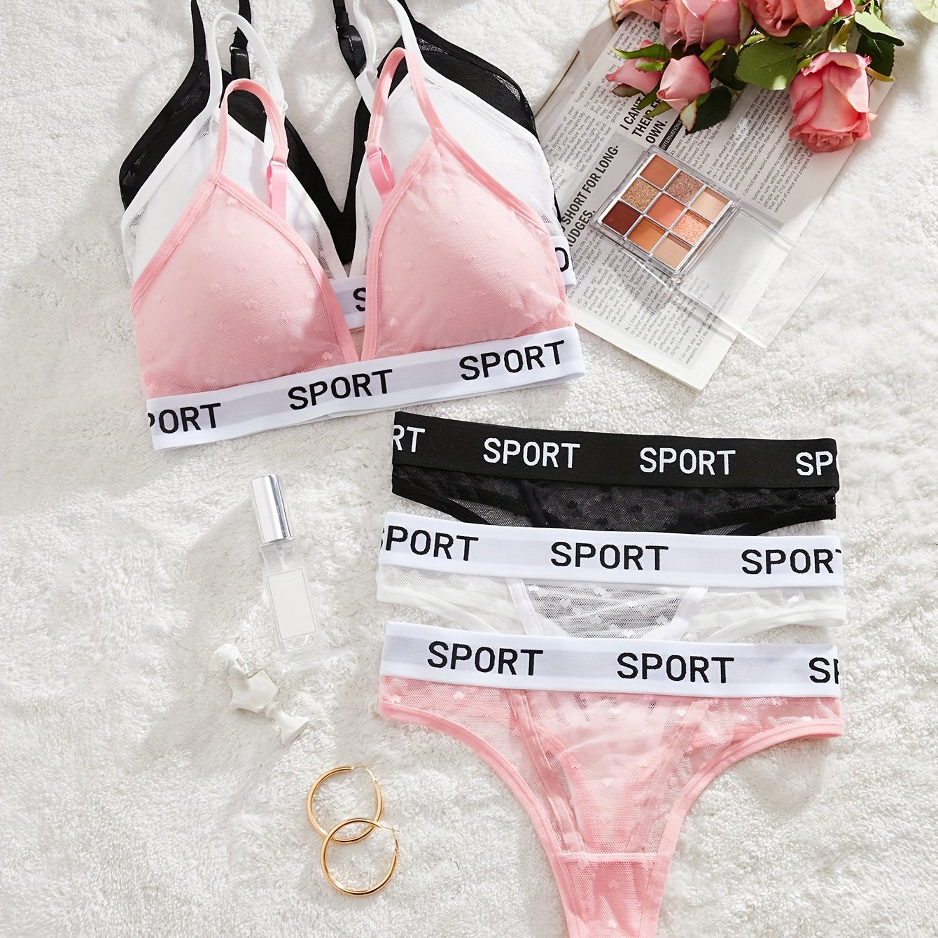 3-qismli harf bosma ichki kiyim to'plamlari; tarmoq thong bilan simsiz brass; ayollar uchun ichki kiyim va ichki kiyimlar.