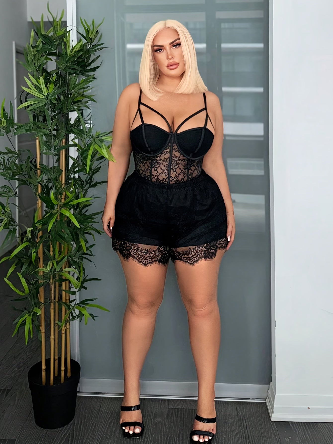 Plus Size Women's Lace-Trimmed Square Neck Jumpsuit Black Stretchy Polyester Spandex