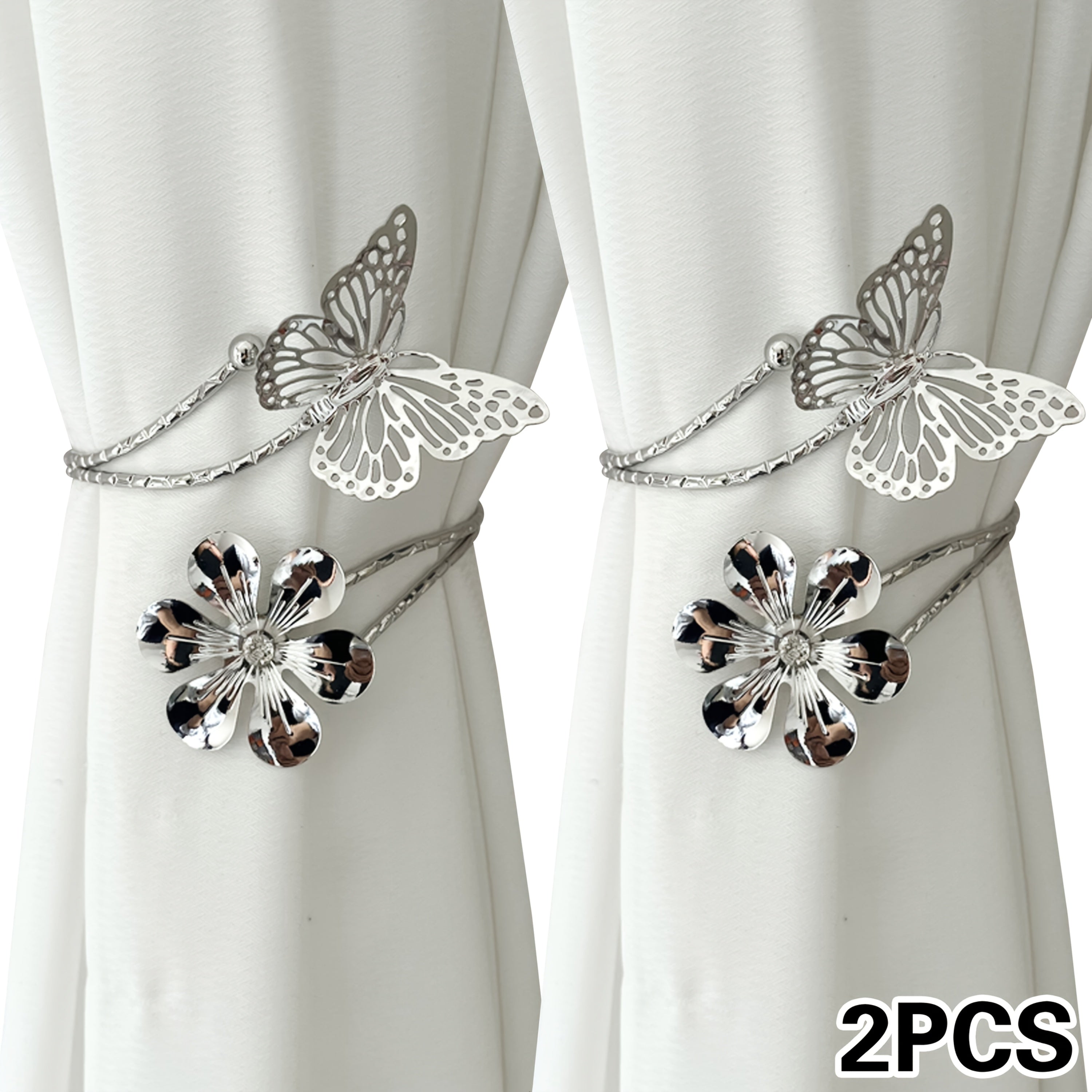 Set of 2 Gold and Silver Flower Butterfly Curtain Tiebacks Hollowed-Out Buckles