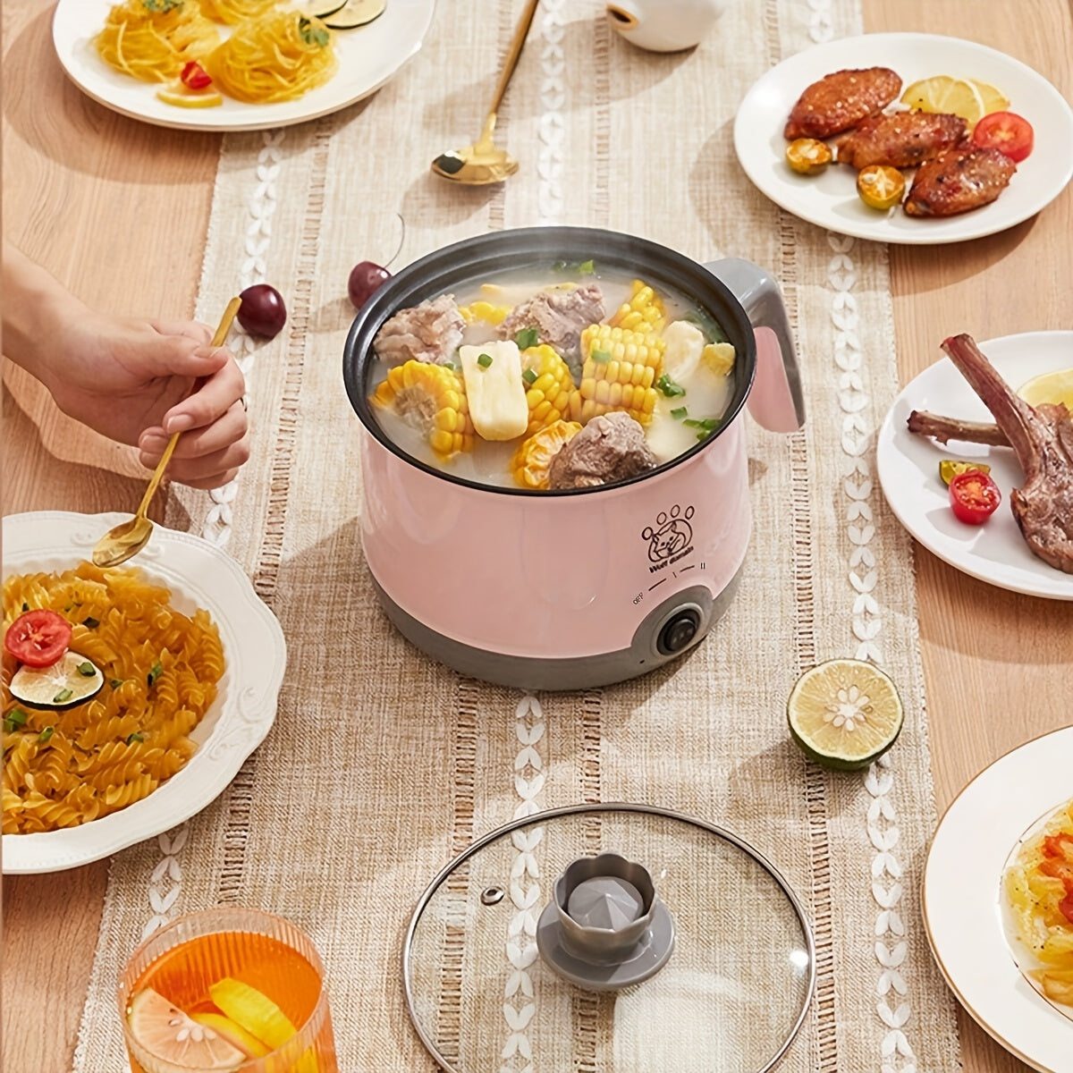 Mini olla eléctrica con vaporera para 1-2 personas, fácil de limpiar, material ABS