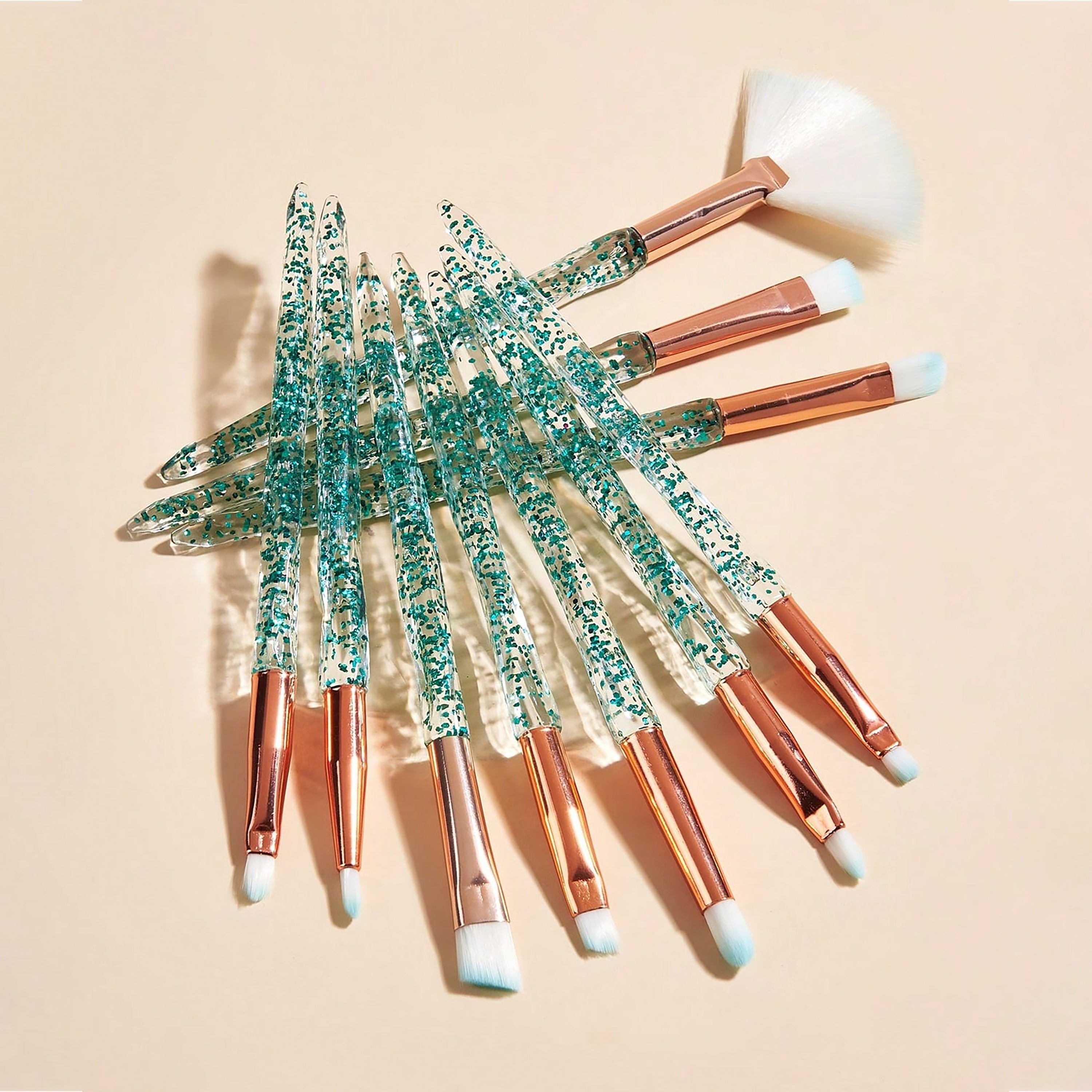 10Pc Makeup Brush Set Pink Glitter Crystal Handles Soft Nylon Bristles for Face Eyeshadow