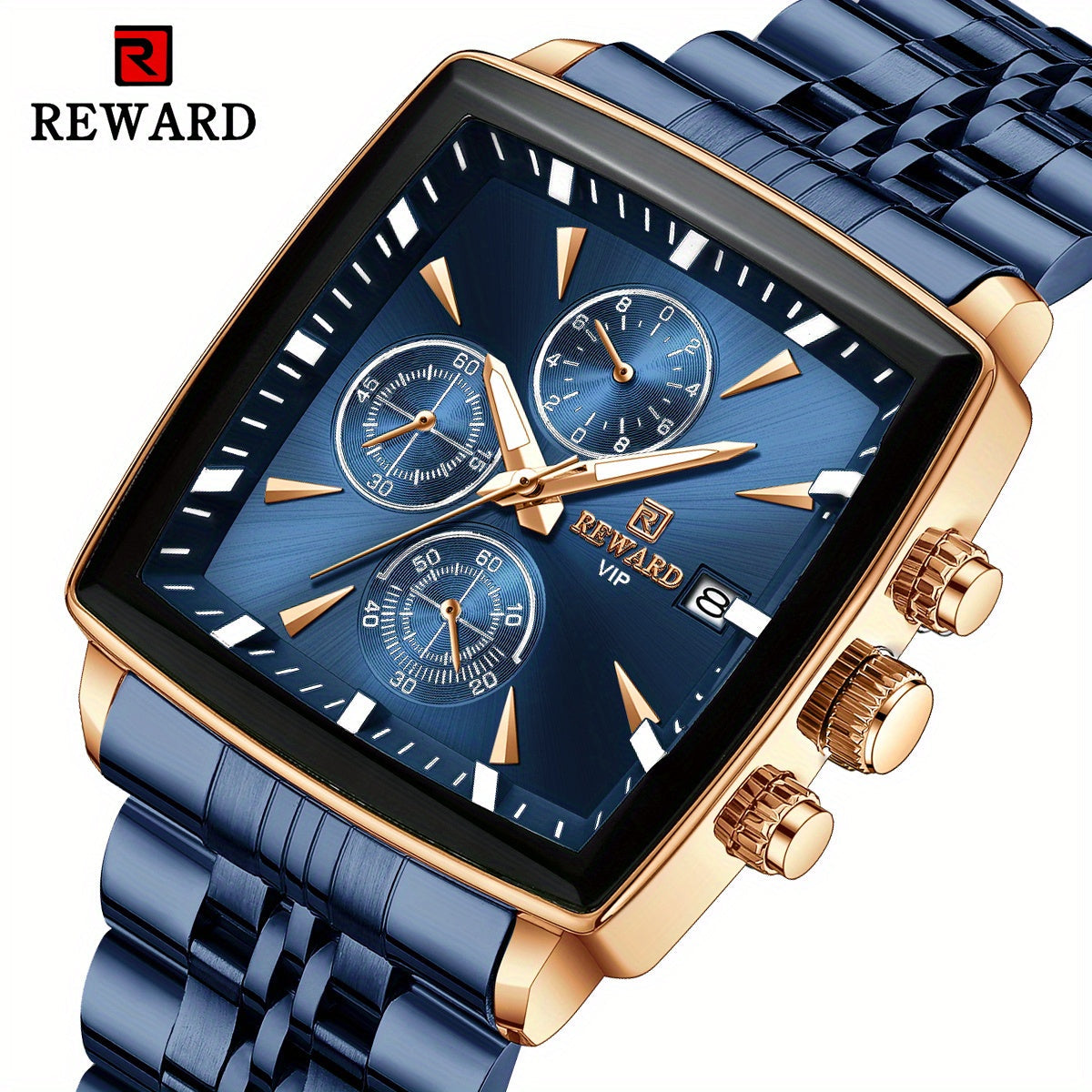 Men's Luxury Watch Blue Rectangle Quartz Wristwatch with Luminous Hands