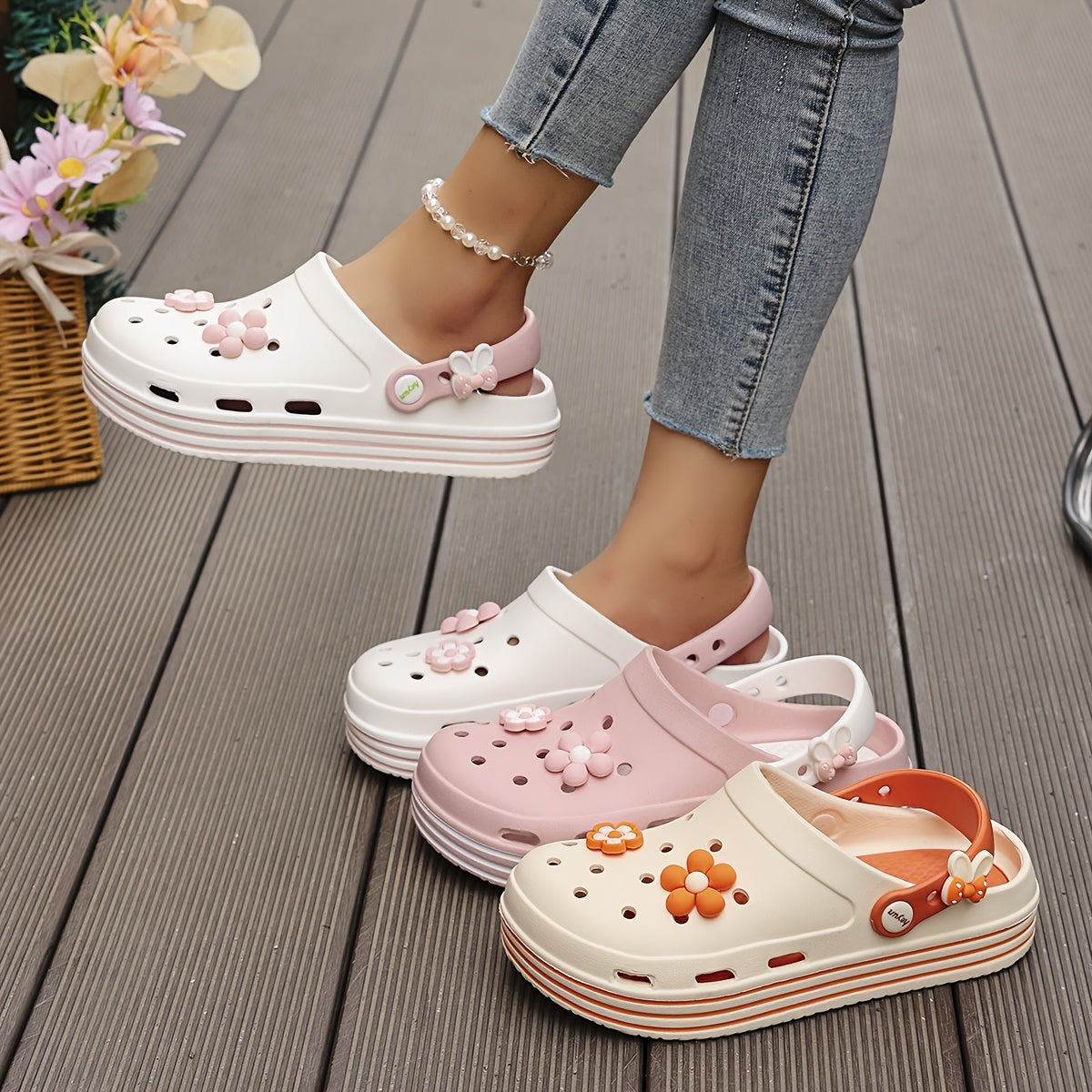 Women’s EVA Slip-On Garden Sandals with Floral Decor White Pink